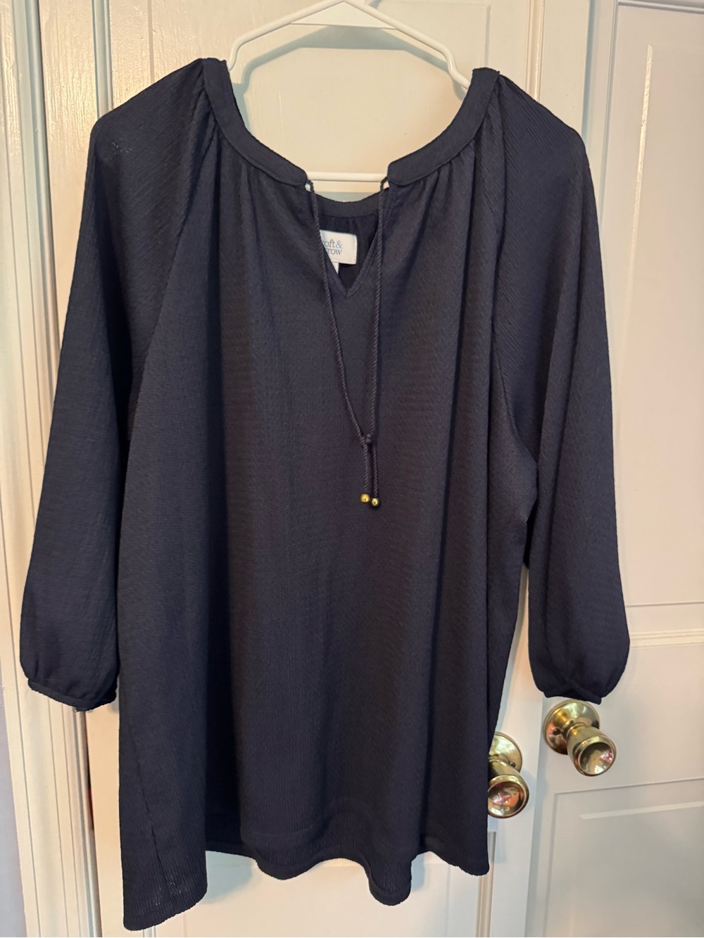 Croft and Barrow Navy Peasant Top XXL Long Sleeve Tie Neck Blouse FLATTERING